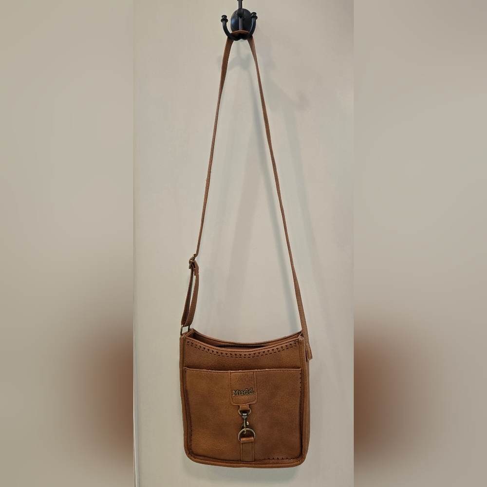 Mudd Tan Crossbody Bag Adjustable Strap Multi‑Pocket Purse Floral Lining